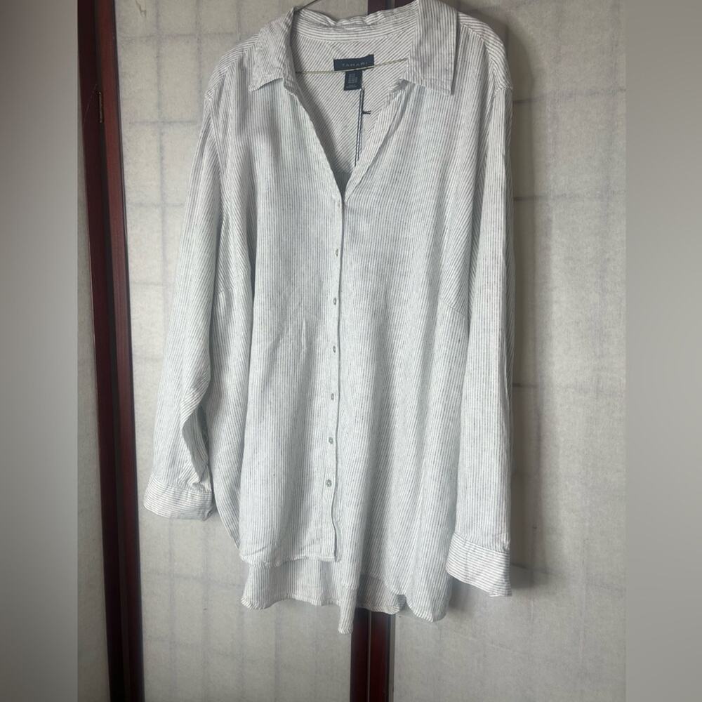 TAHARI‎ STRIPED LINEN BLEND LAGENLOOK BUTTON DOWN SHIRT SIZE 2X